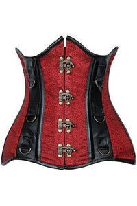 Top Drawer Wine Brocade & Faux Leather Steel Boned Under Bust Corset
