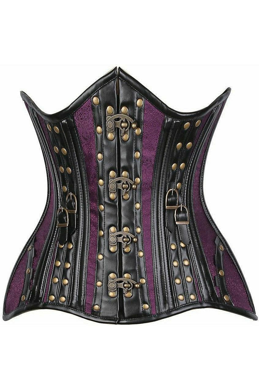Top Drawer Faux Leather & Plum Brocade Steel Boned Under Bust Corset - Daisy Corsets