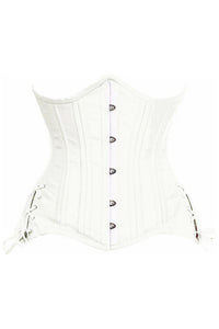 Top Drawer White Satin Double Steel Boned Curvy Cut Waist Cincher Corset w/Lace-Up Sides
