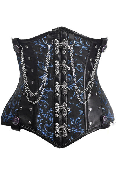 Top Drawer Black/Blue Steel Boned Underbust Corset w/Chains and Clasps