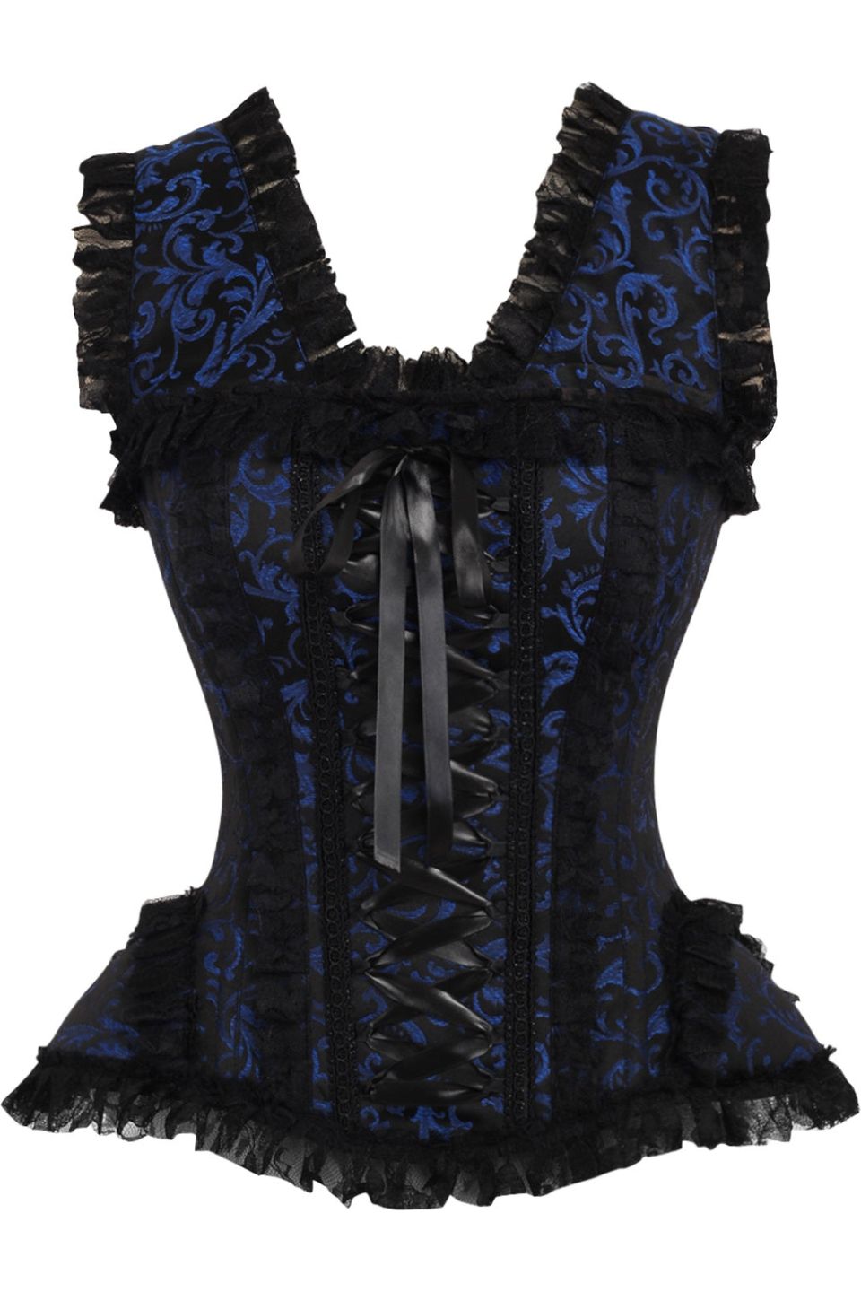 Top Drawer Blue/Black Swirl Brocade & Lace Steel Boned Corset w/Cap Sleeves