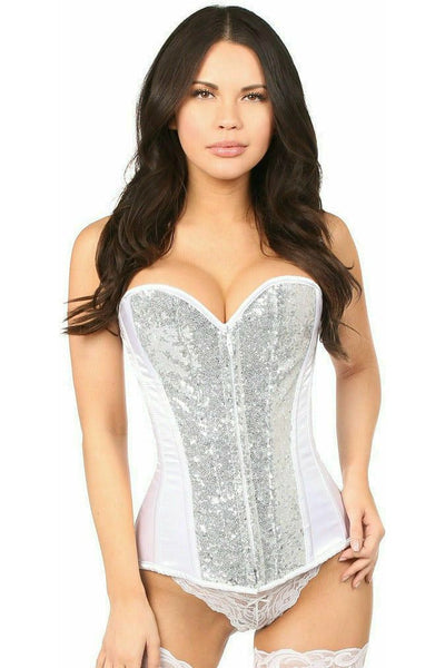 Top Drawer White/Silver Sequin Steel Boned Corset