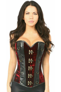 Top Drawer Red Velvet & Faux Leather Steel Boned Corset
